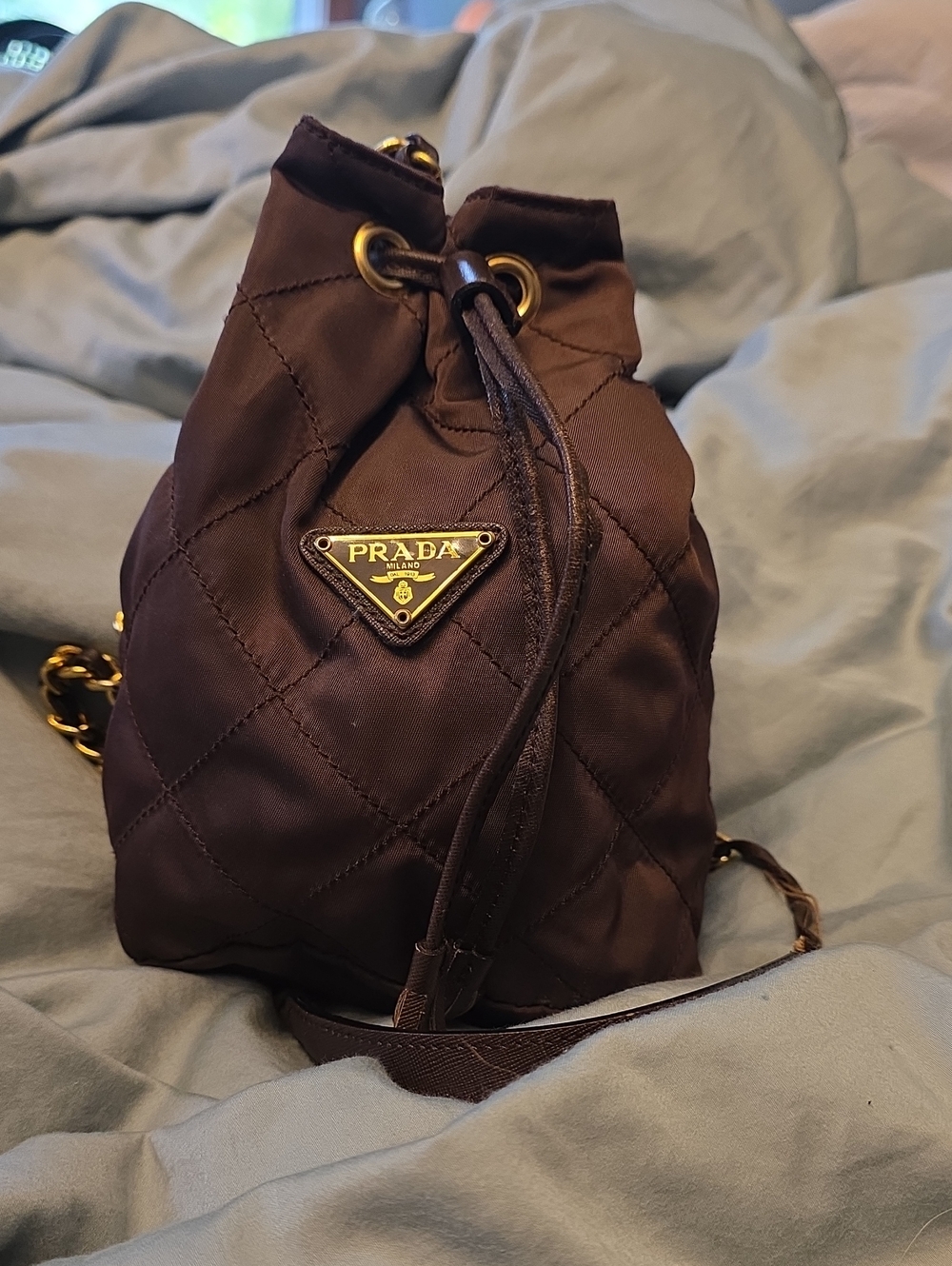 Prada Quilted Tessuto Nylon Chain Bucket Bag Brown